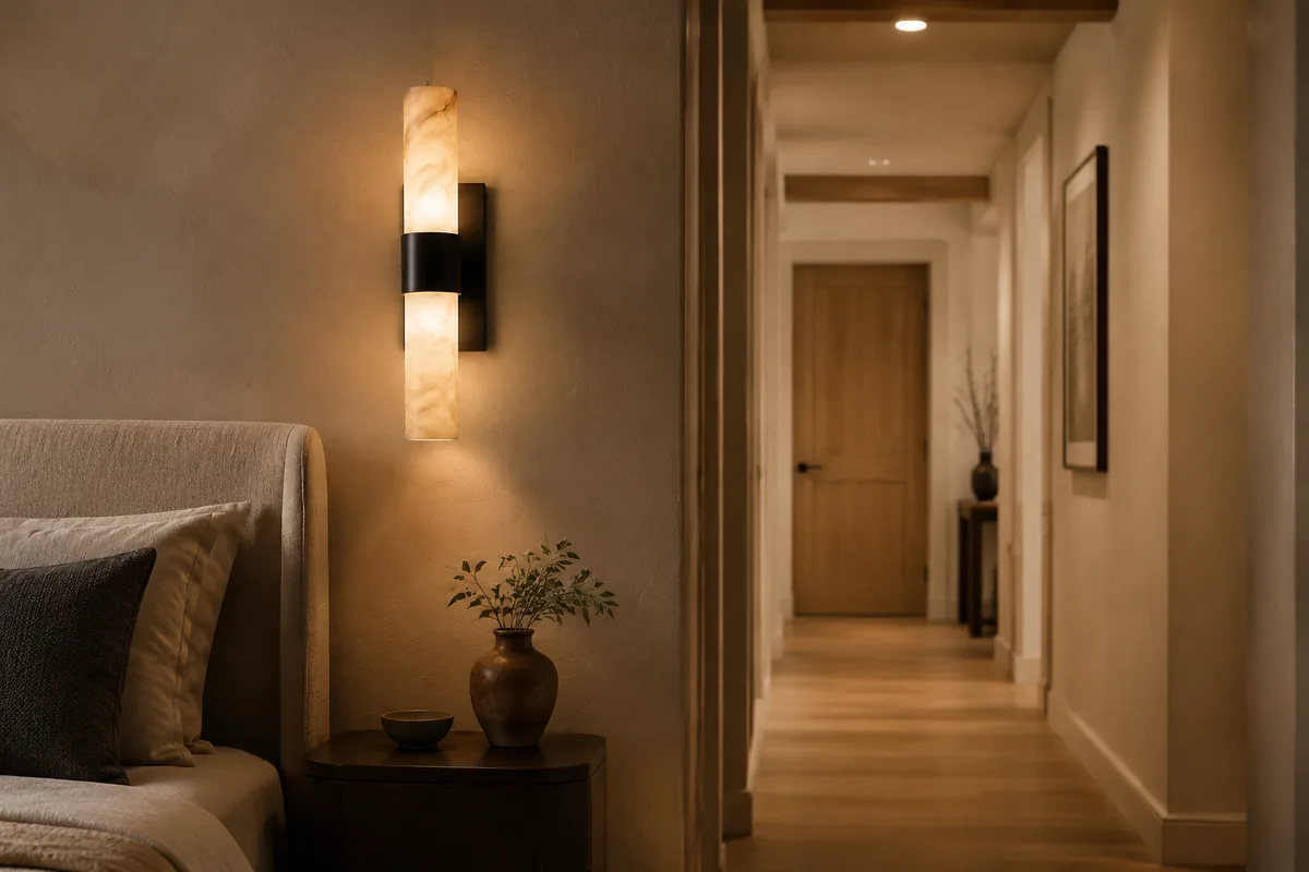 Wall lamps adding soft light to a refined bedroom
