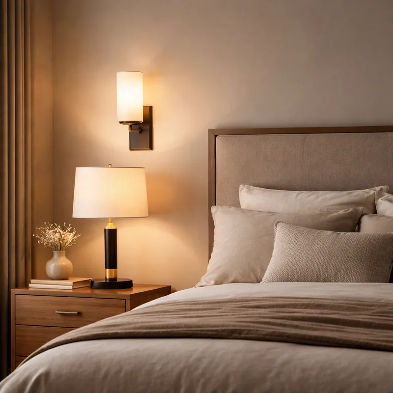Bedroom lighting styled with bedside lamp and wall light