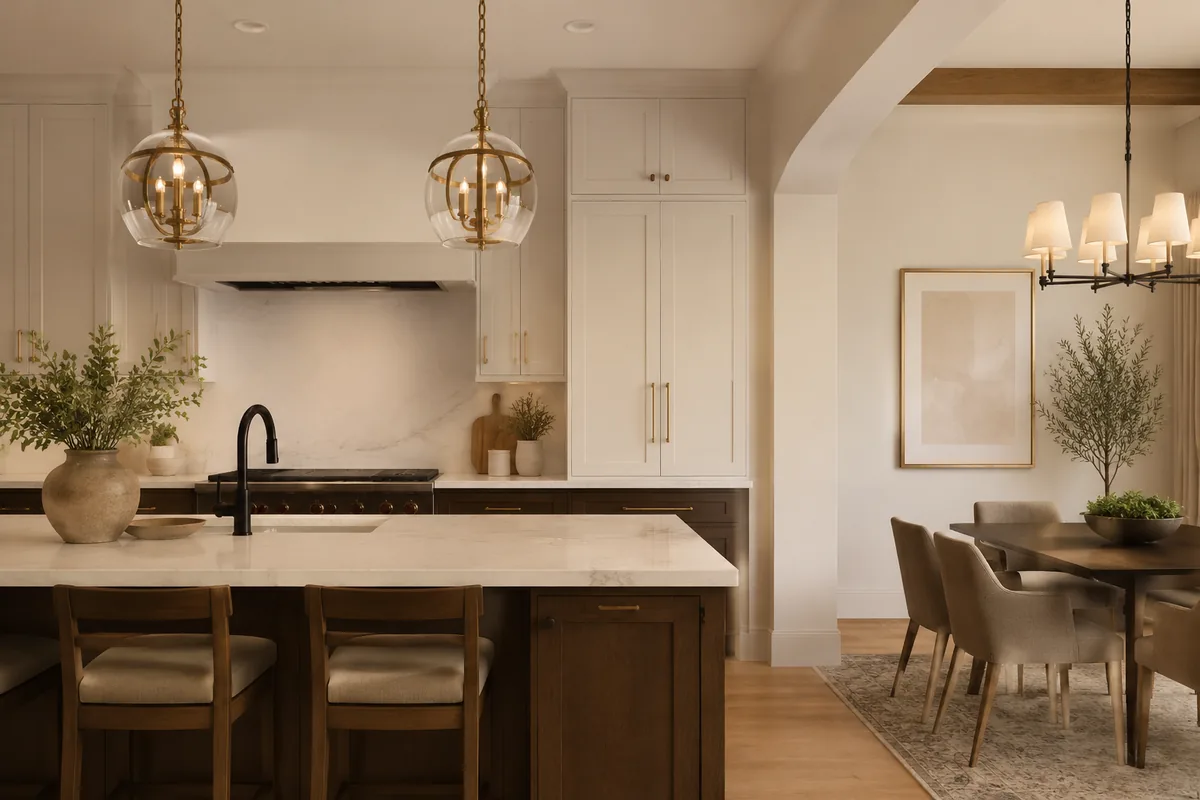 Pendant lights over a modern kitchen and dining space