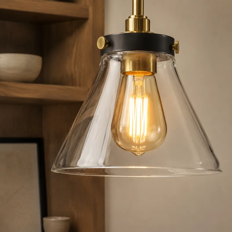 Clear glass shade and warm bulb close-up