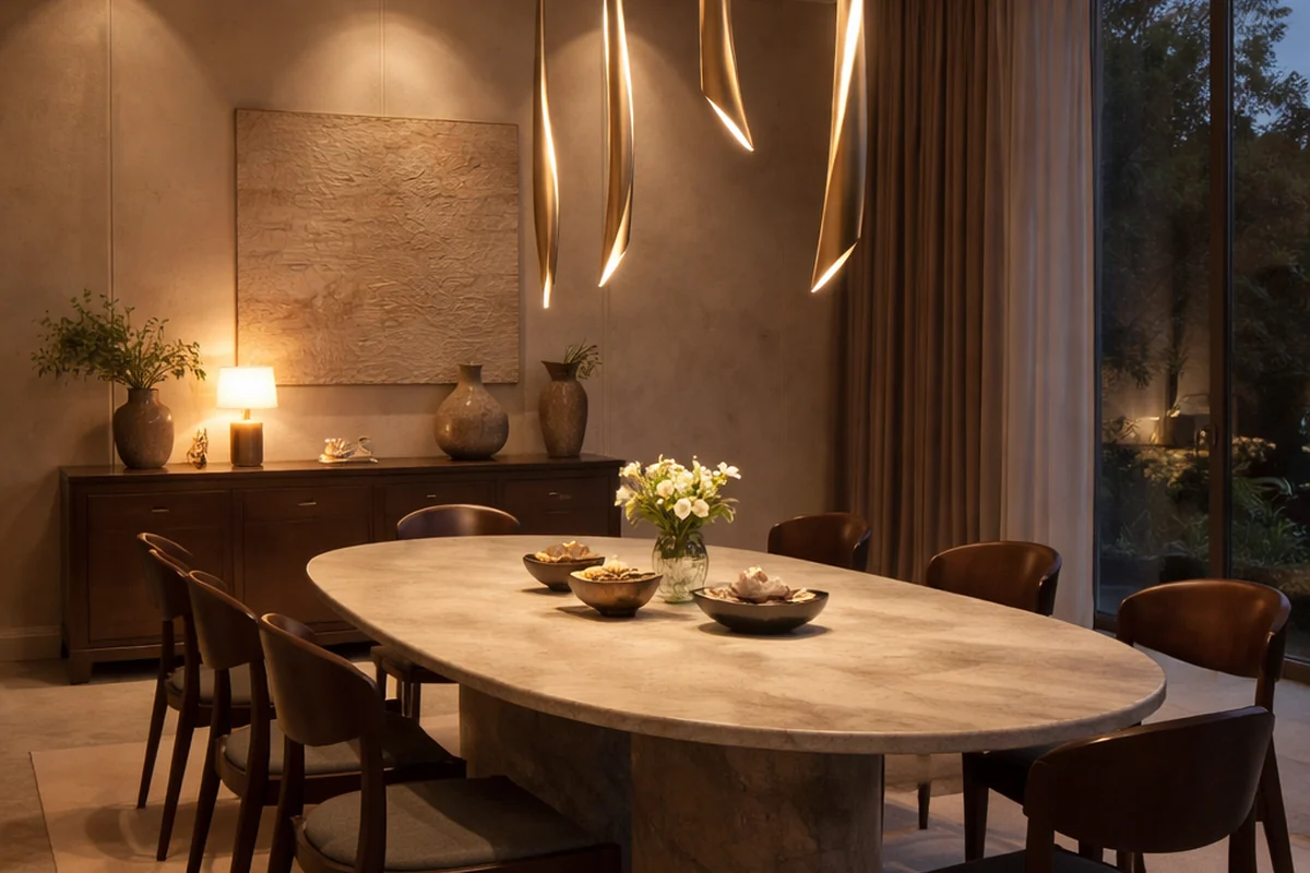 Pendant lighting above a refined dining table