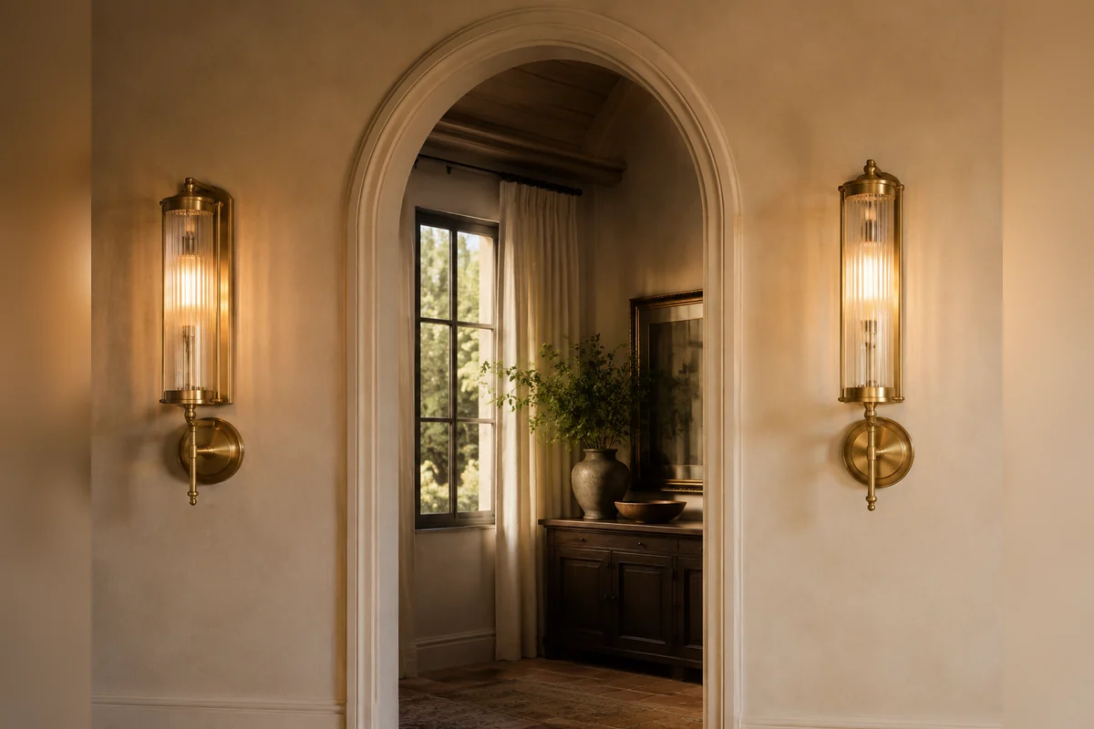 Complete wall sconces beside an arched doorway