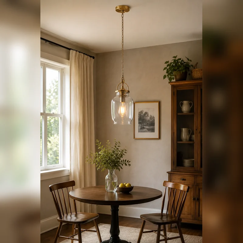 Complete glass pendant above a breakfast table