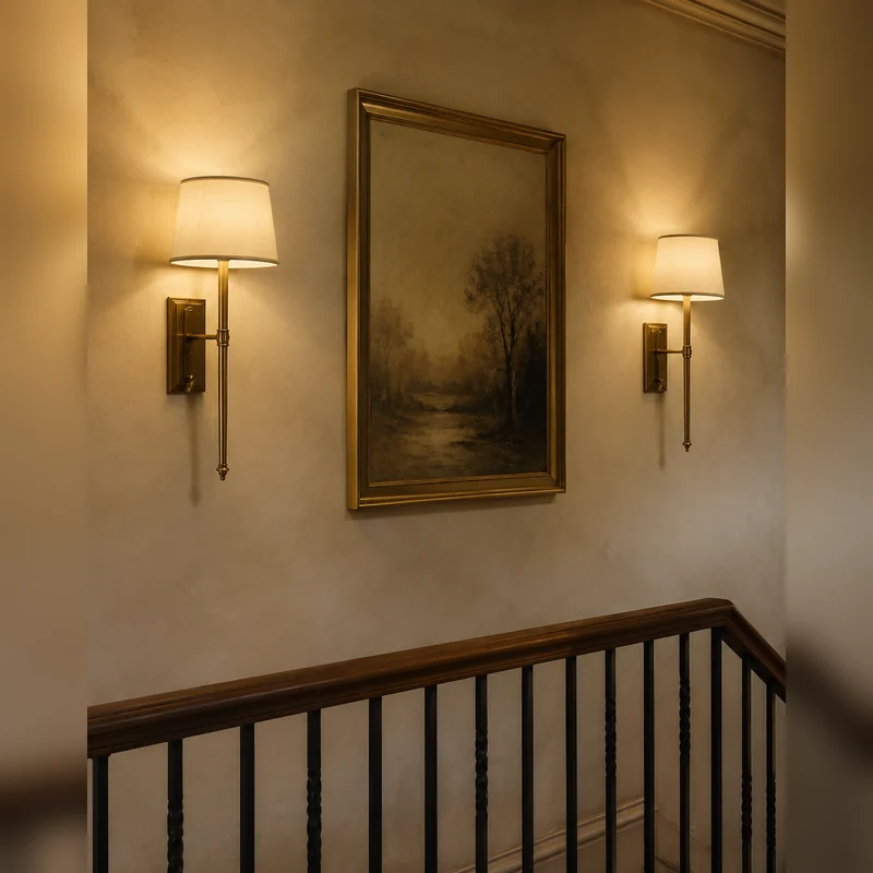 Complete wall lamps along a gallery stair