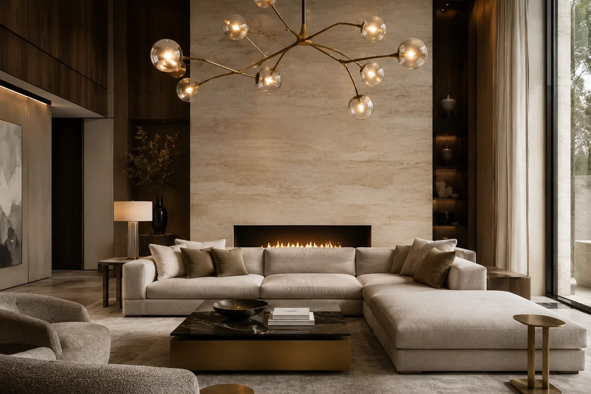 Refined living room with sculptural lighting