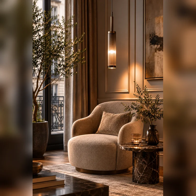 Warm pendant light beside a lounge chair