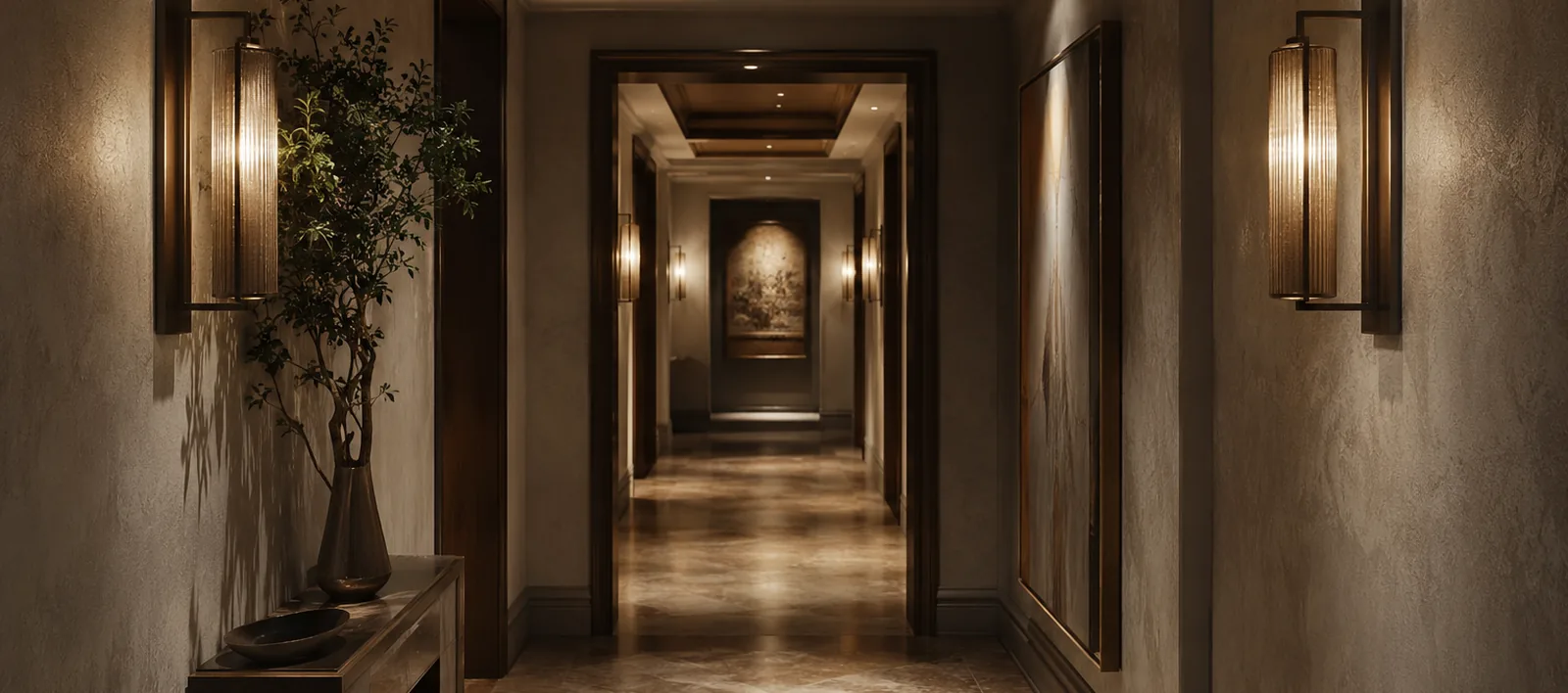 Warm wall lamps in a refined corridor