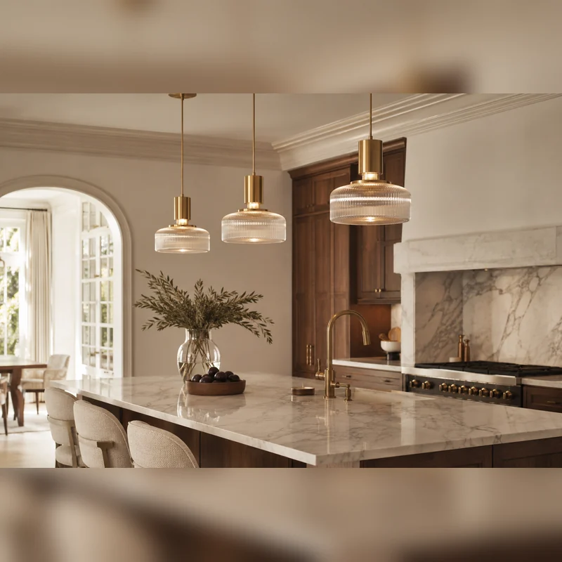 Pendant lights above a marble kitchen island