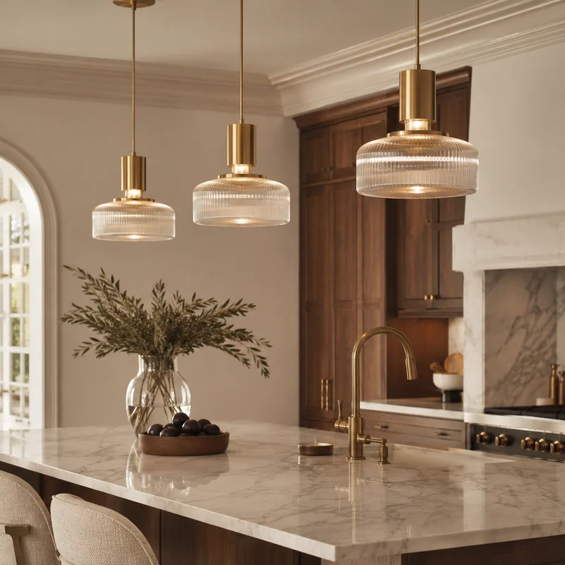 Pendant lights over a marble kitchen island