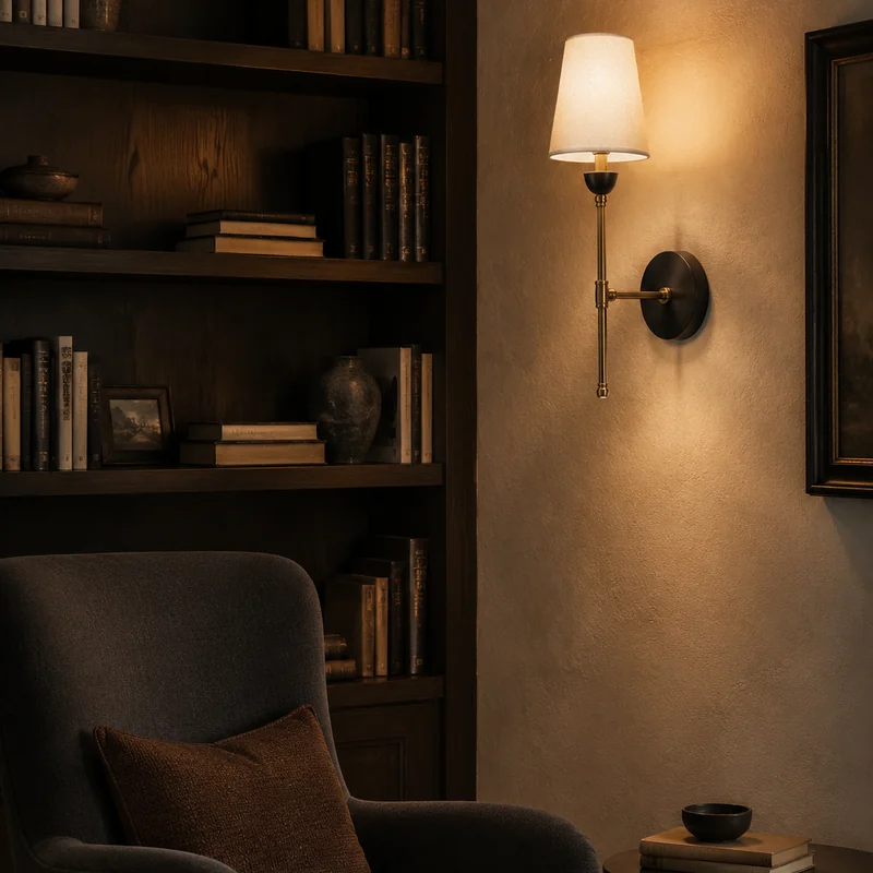 Wall sconce lighting a refined library reading corner