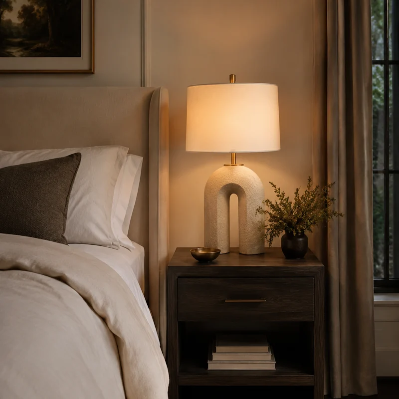 Sculptural table lamp on a refined bedroom nightstand
