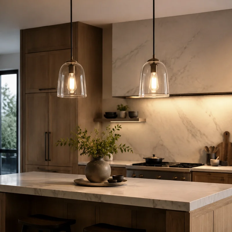 Glass pendant lights above a warm modern kitchen island