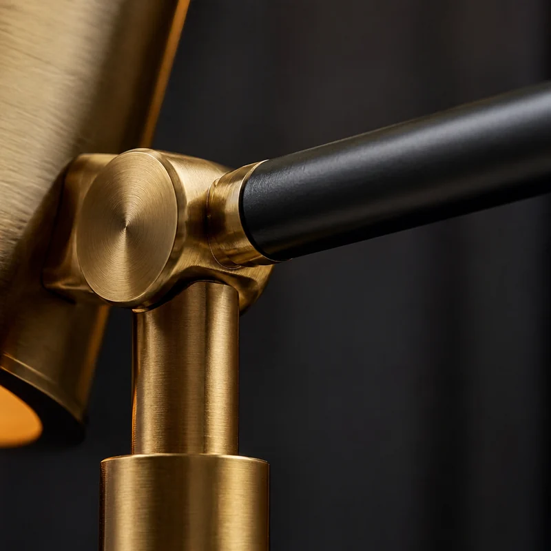 Brushed brass and black metal lighting joint close-up