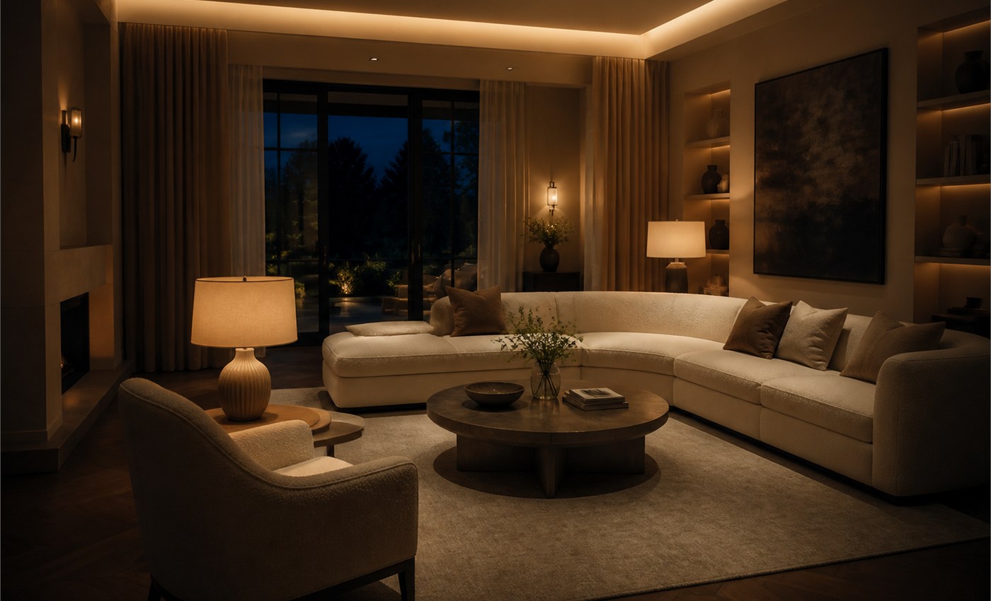 Living room with soft layered evening light