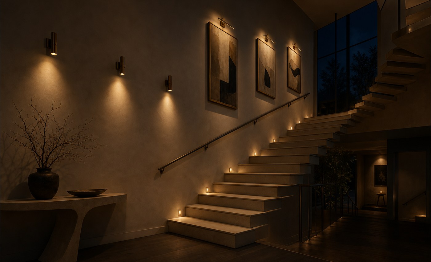 Entry gallery with focused wall lighting