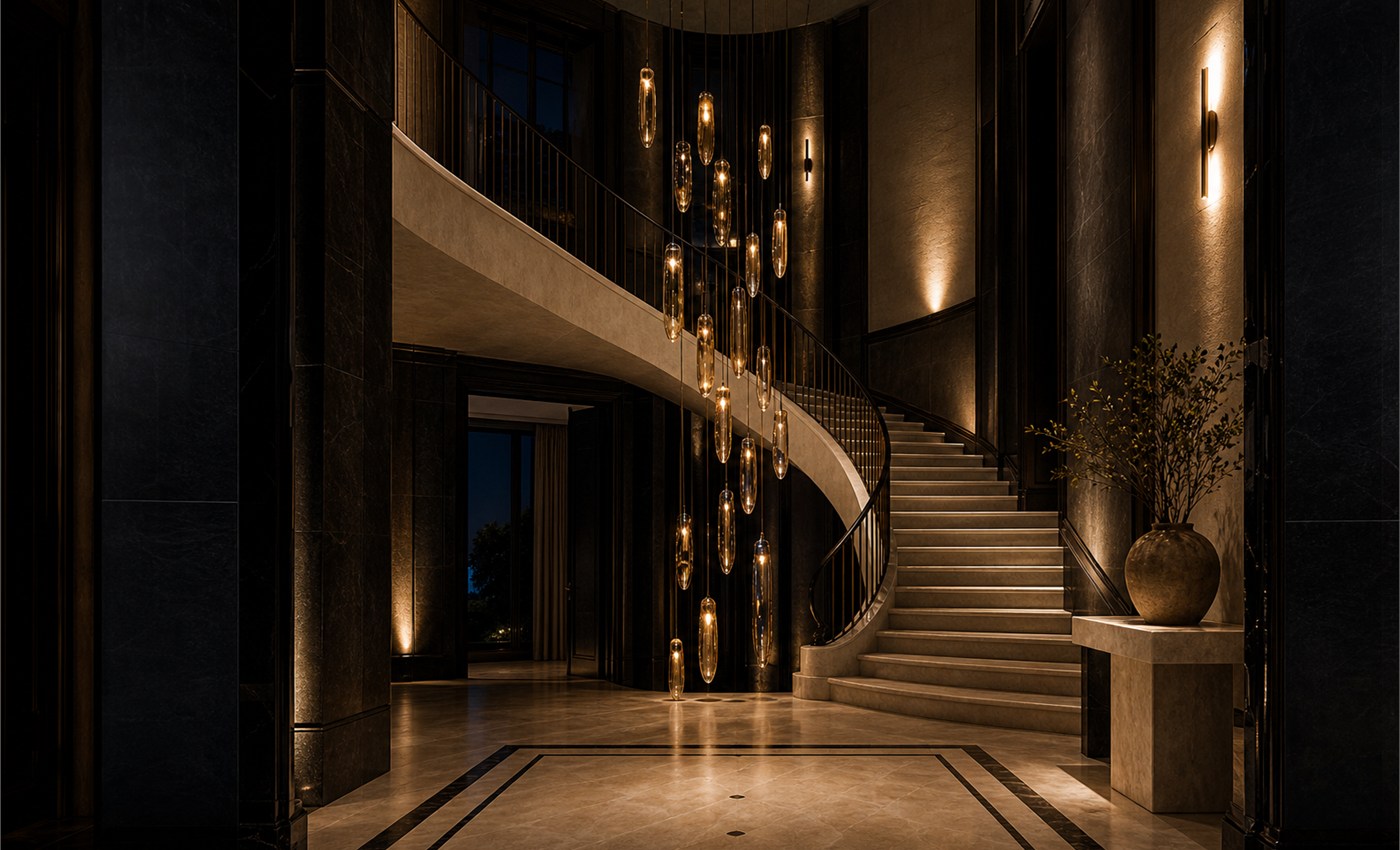 Double height entry with dramatic pendant lights