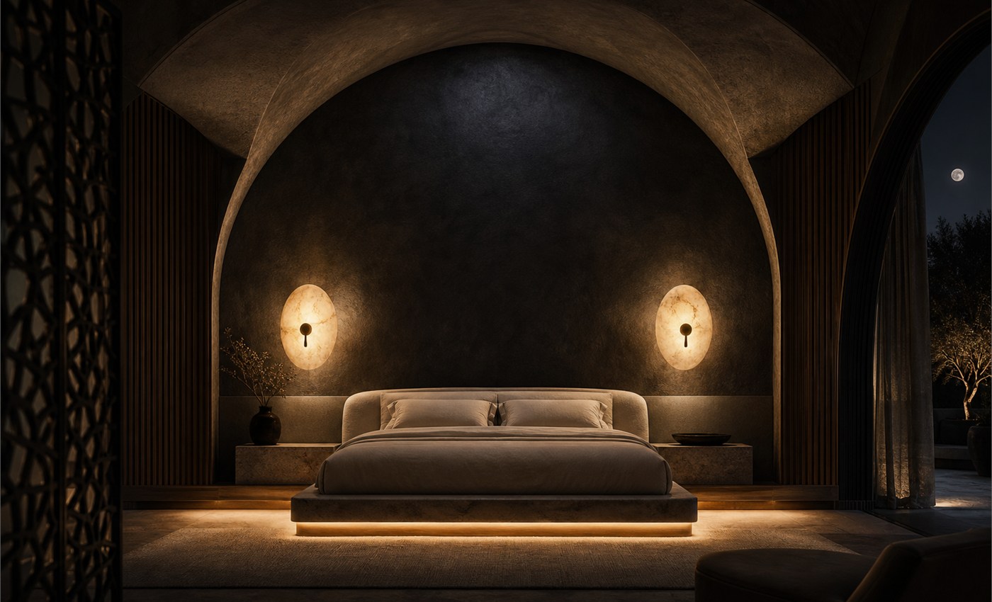 Bedroom with dramatic pendant and wall glow