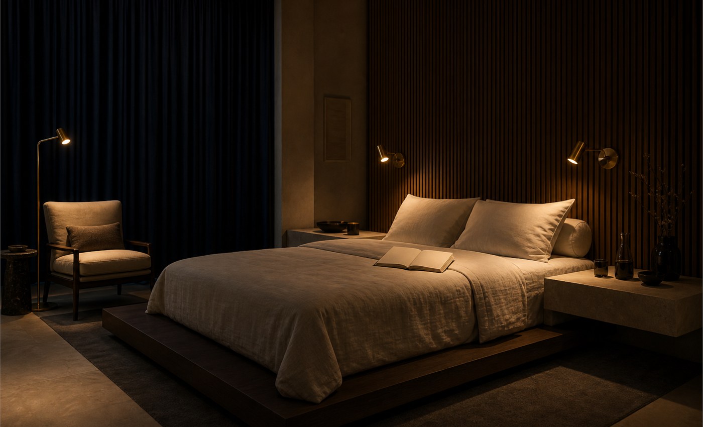Bedroom with focused reading light