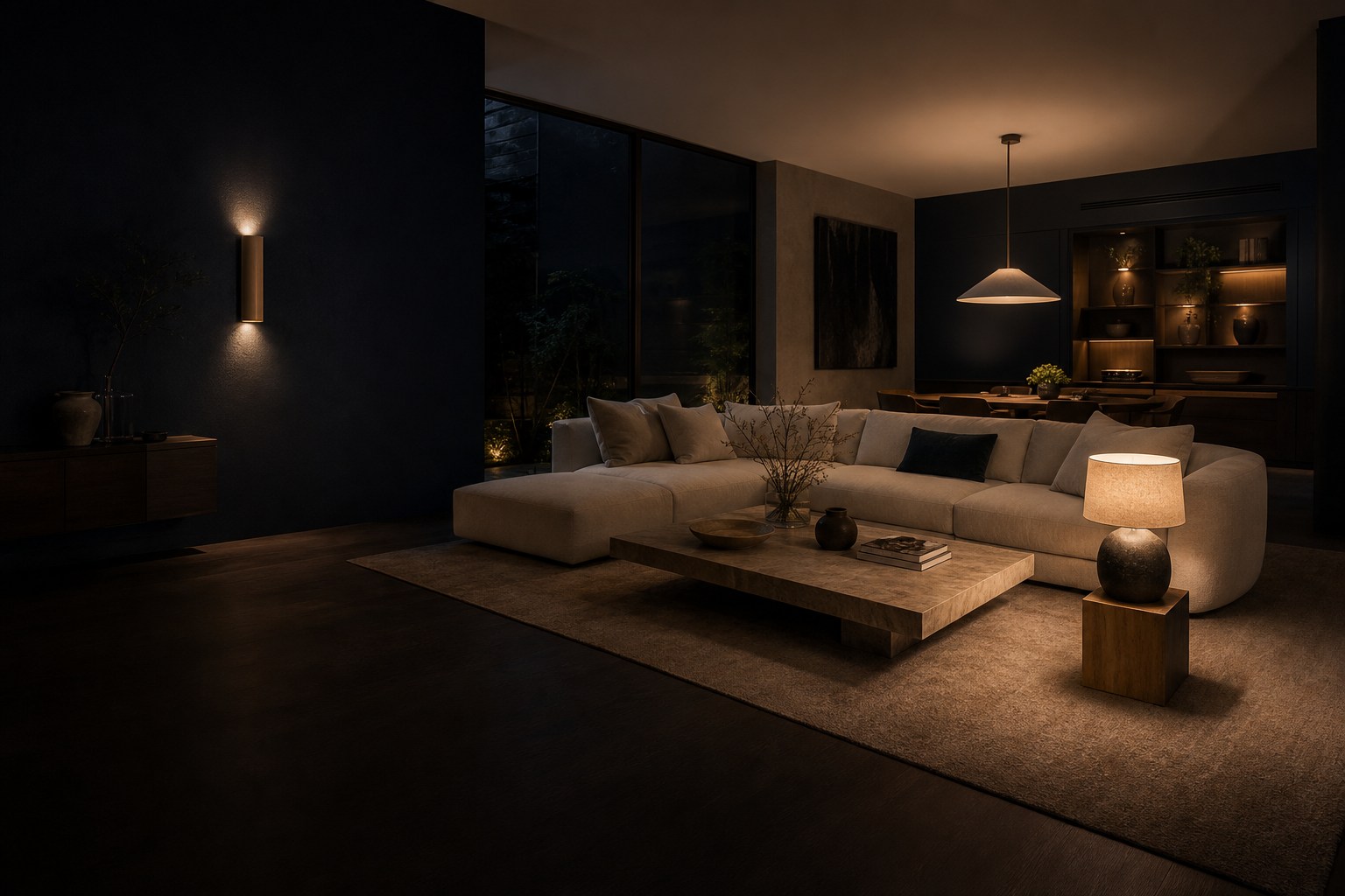Living room demonstrating three layers of light