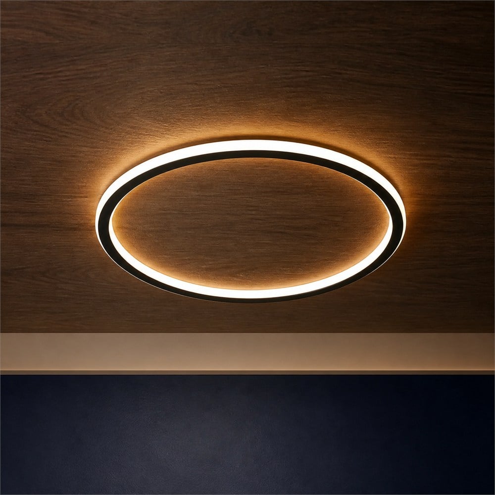 Black ring ceiling light in a dark architectural studio