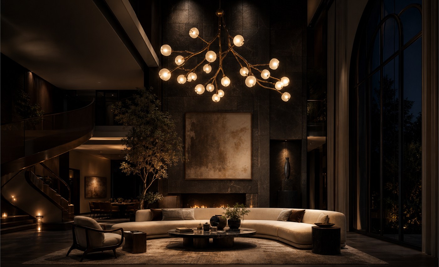 Living room with dramatic sculptural lighting