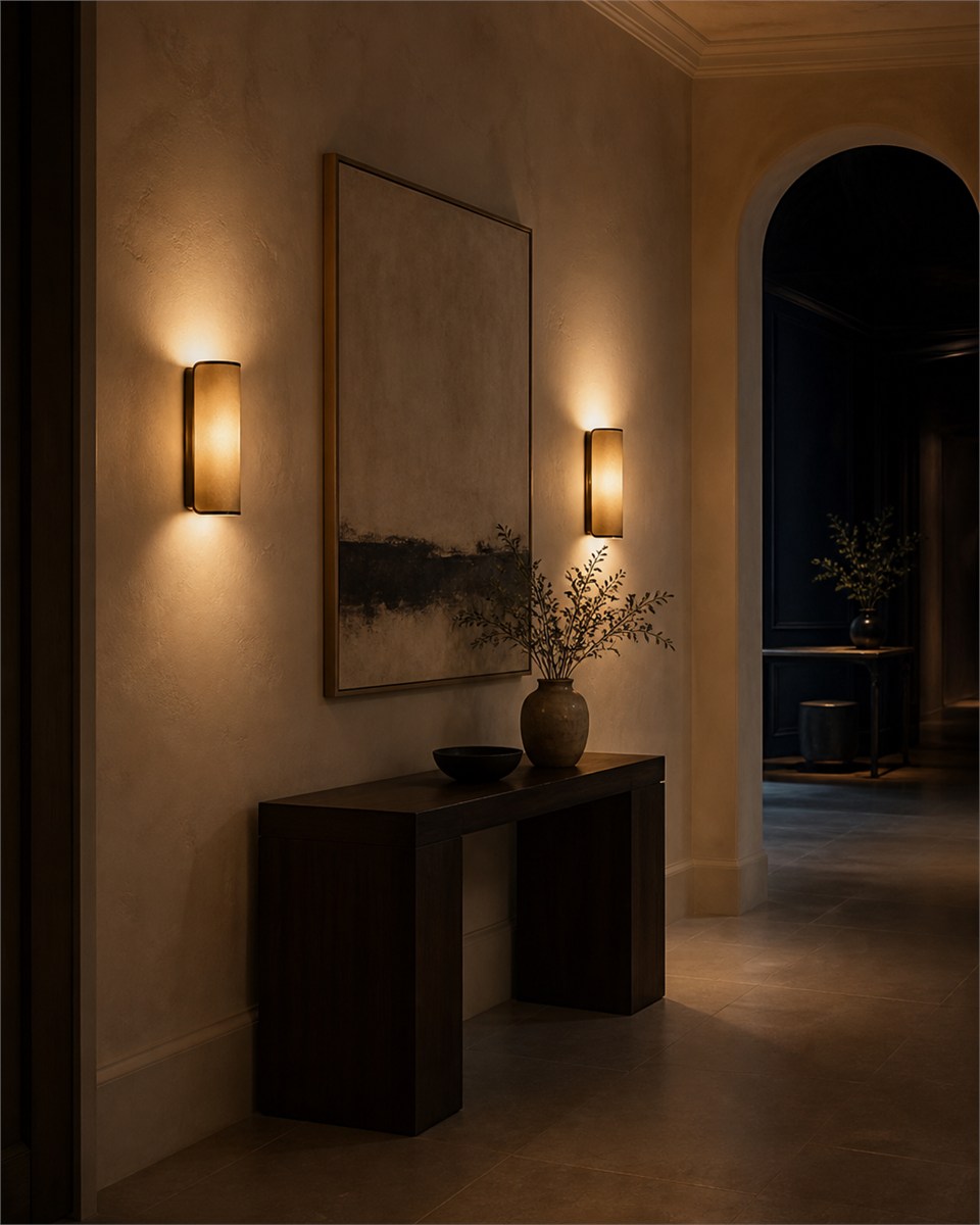 Wall lights placed at a comfortable height in a corridor