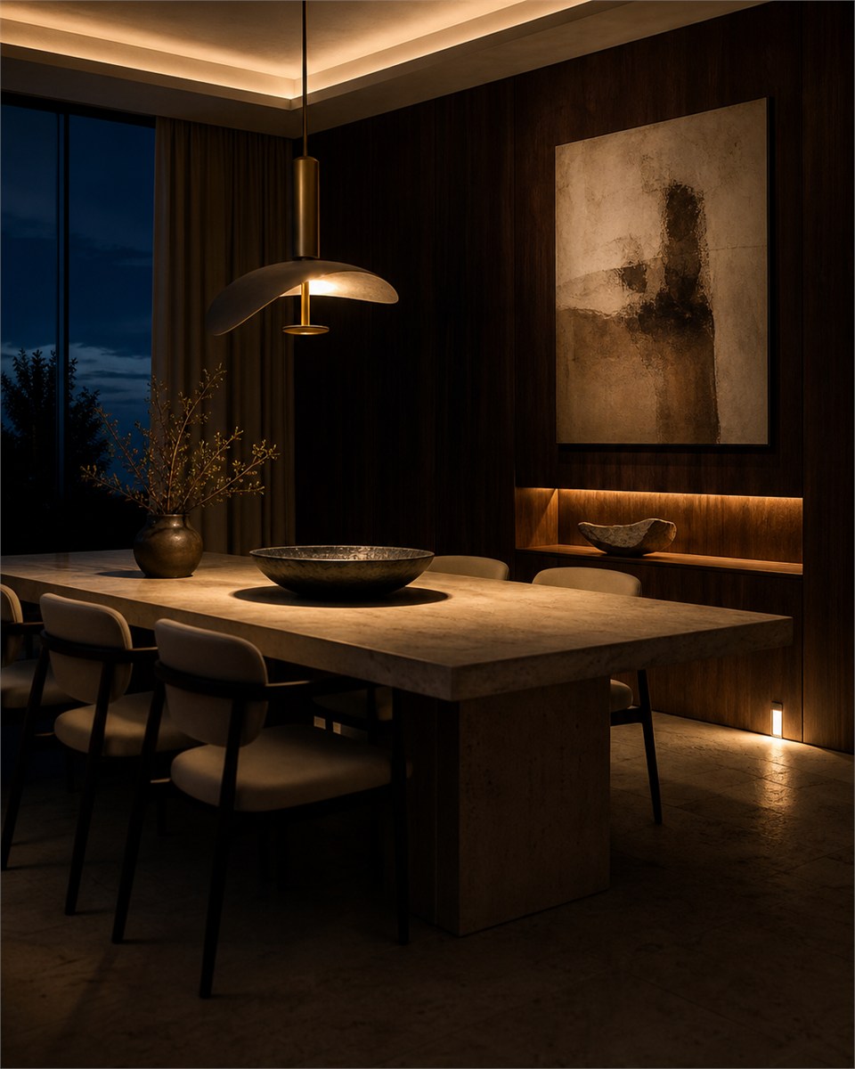 Dining room combining ambient, task and accent light