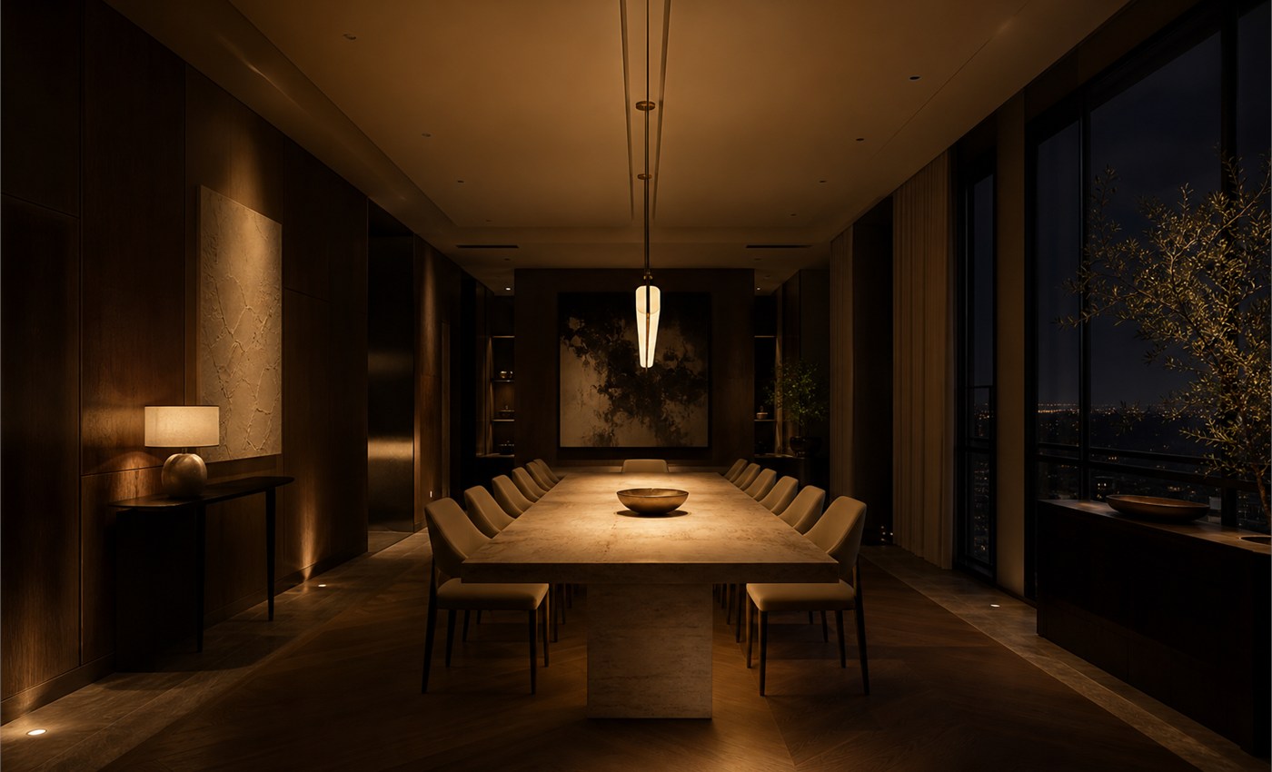Dining room with focused table lighting