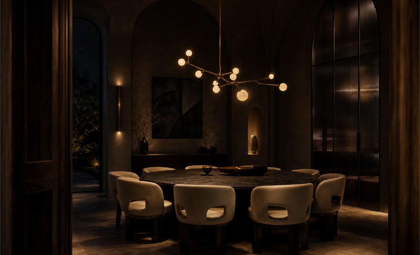 Dining room with a dramatic statement chandelier