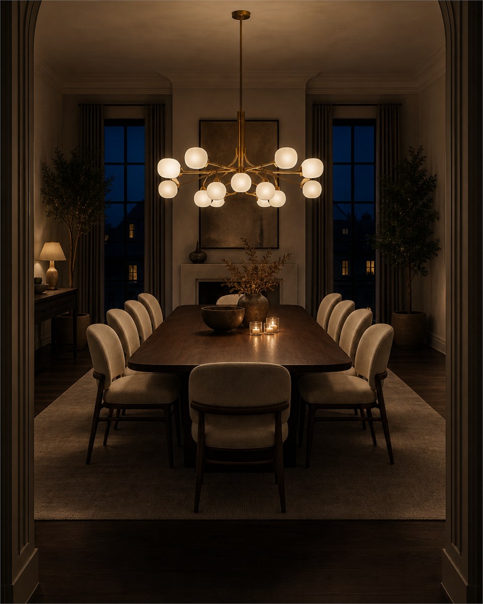 Chandelier sized in proportion to a dining table