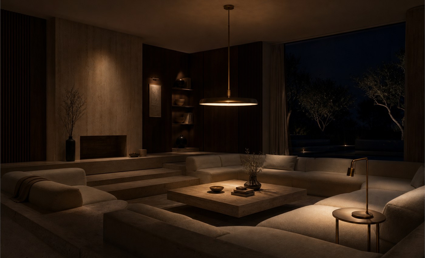 Living room with focused pendant light