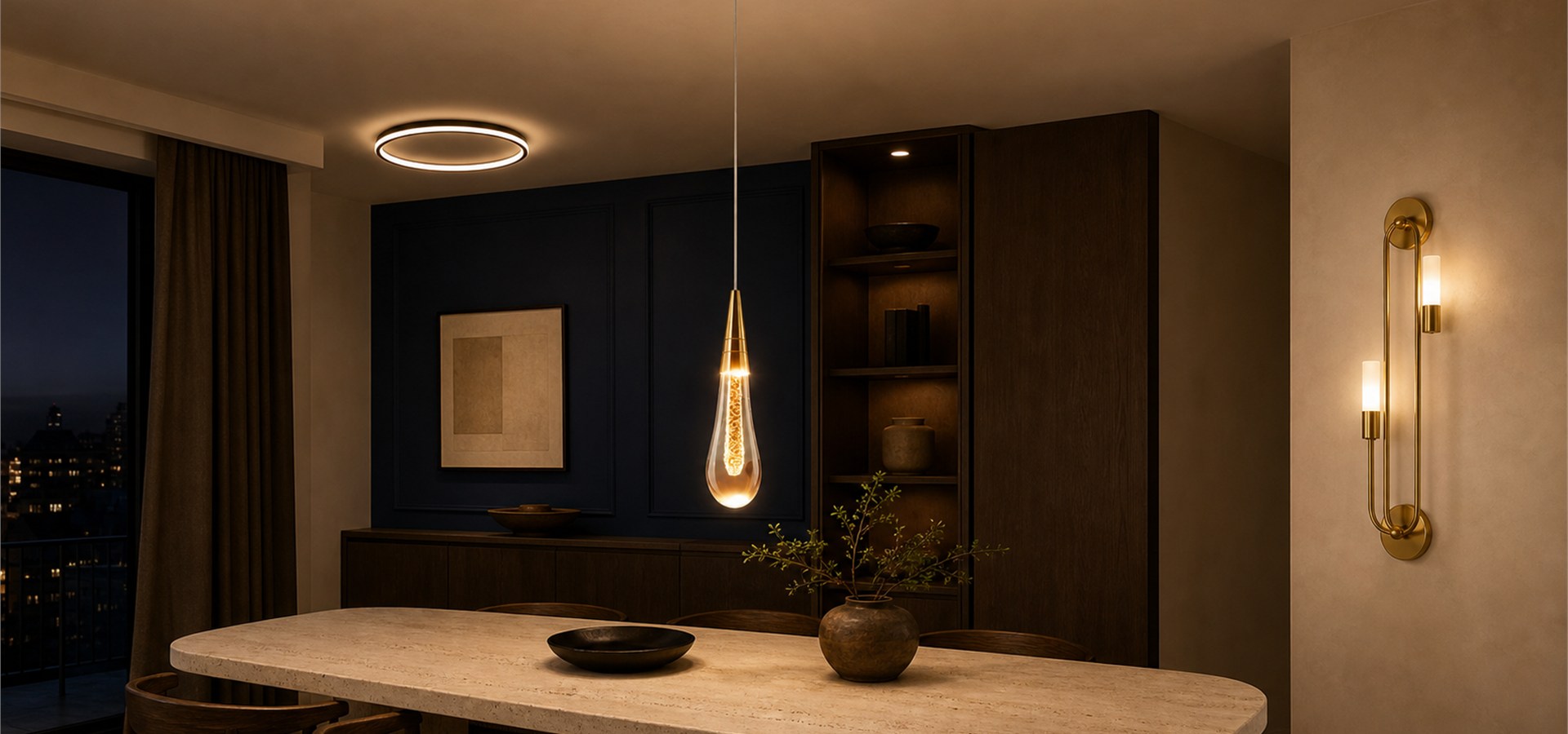 Layered evening dining room with three shoppable lights