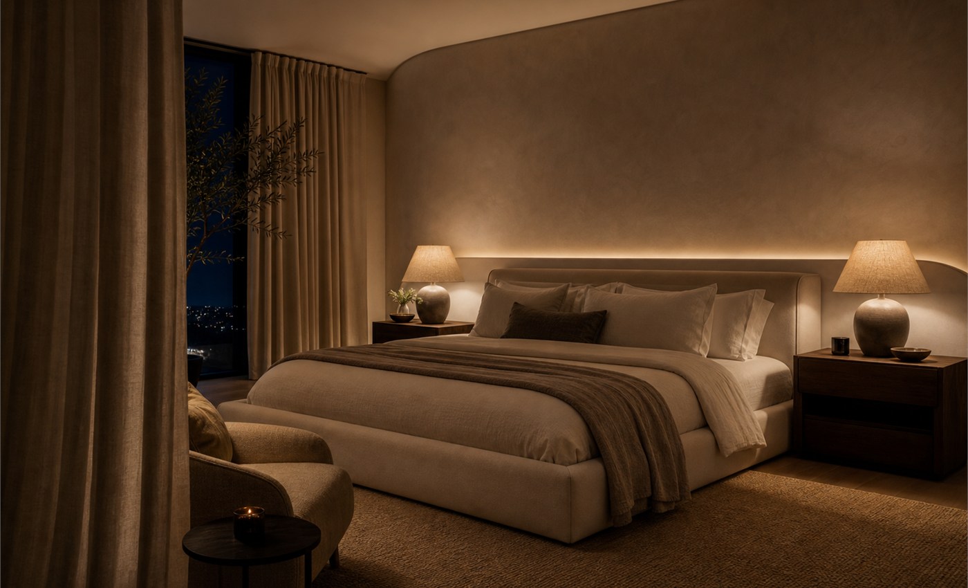 Bedroom with soft restorative bedside light