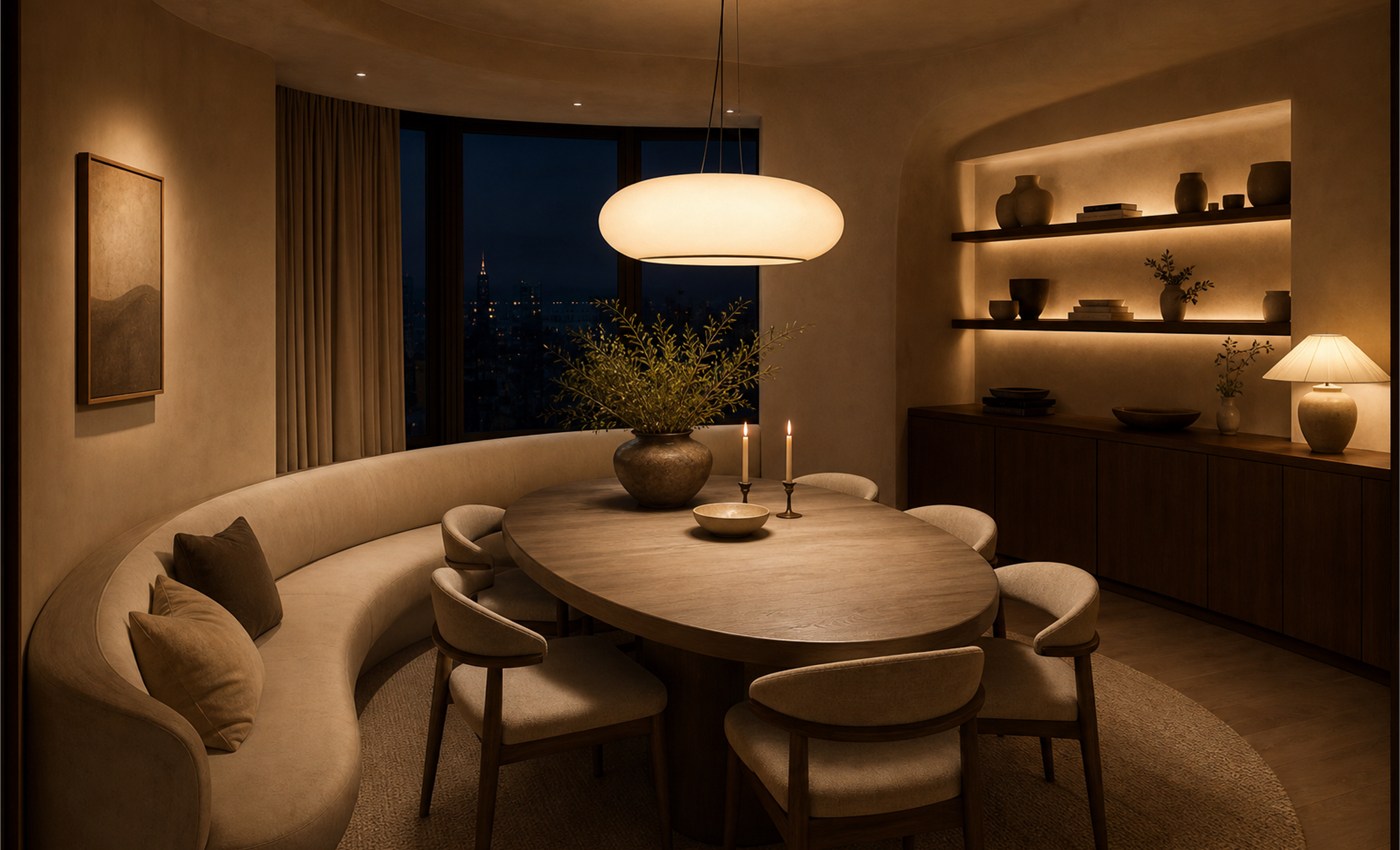 Dining room with soft opal pendant glow