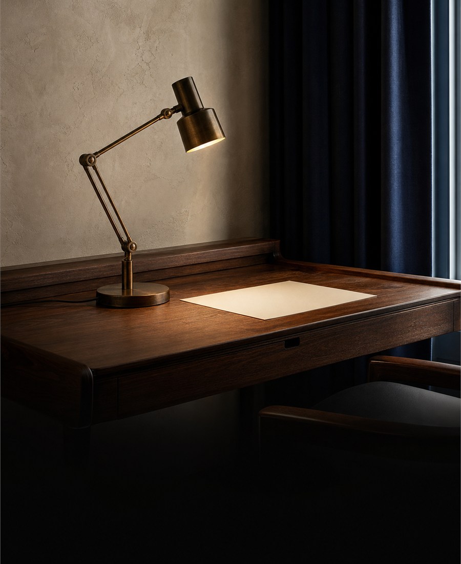 Desk illuminated by focused task light