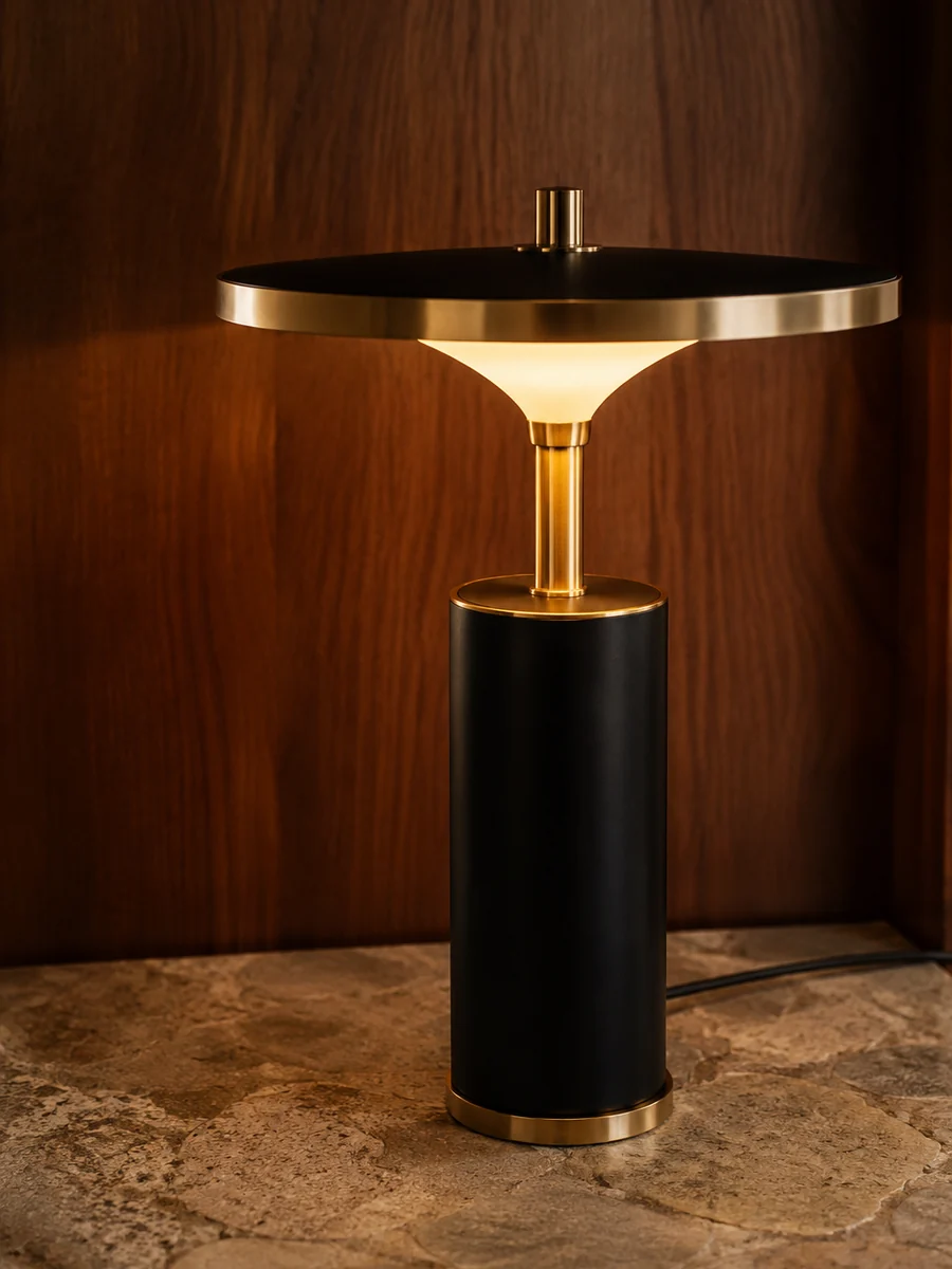 Premium brass and matte black lighting detail