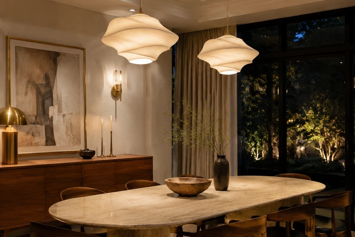 Pendant lights above a refined dining table