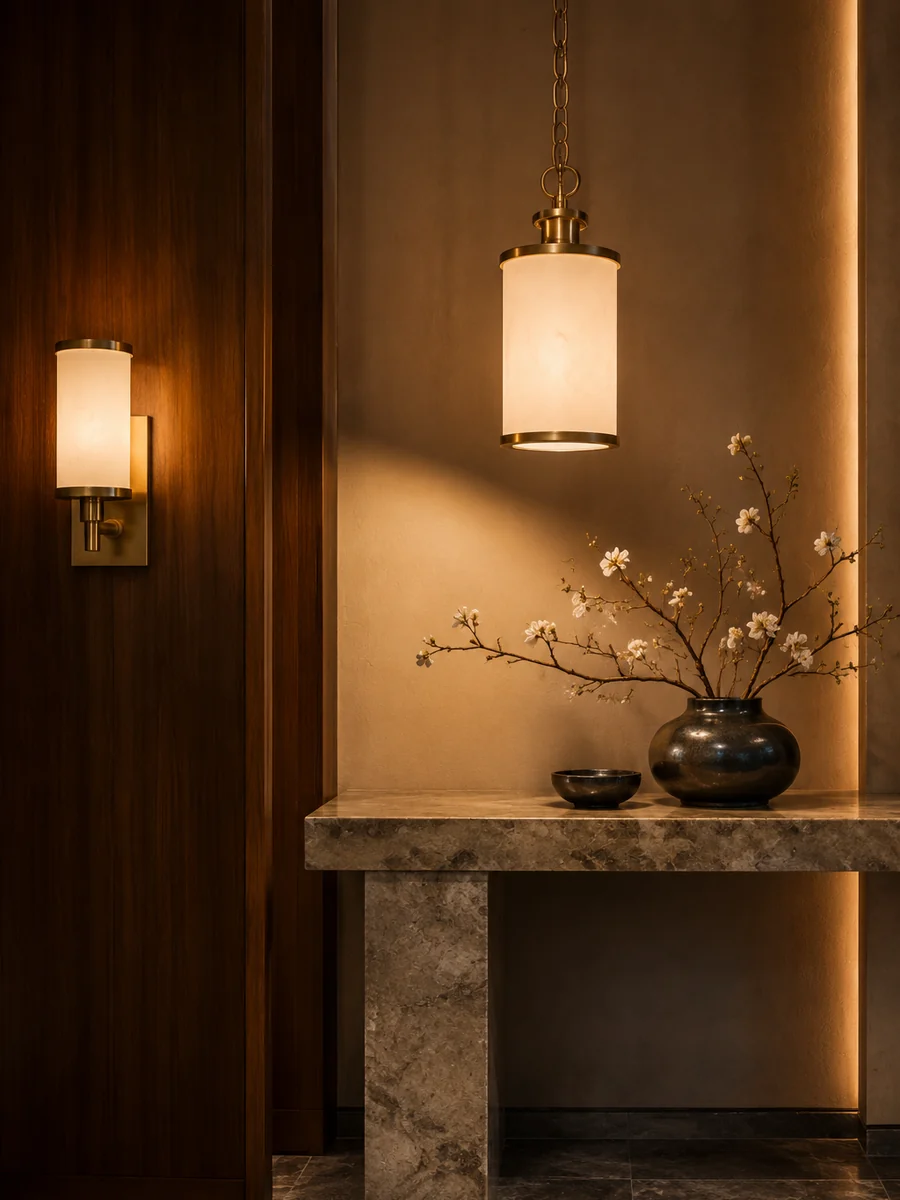 Warm modern showroom with pendant and wall lighting