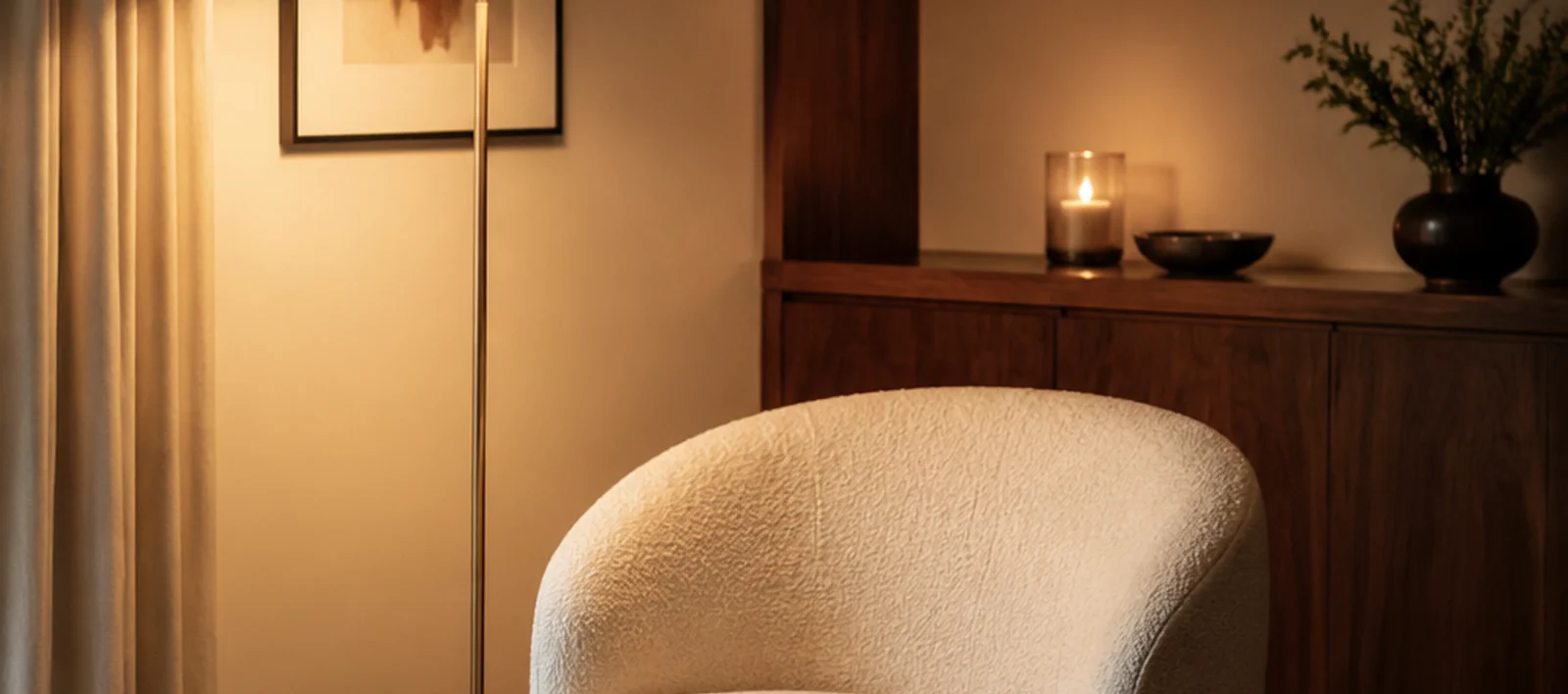 Warm modern reading corner with floor lamp