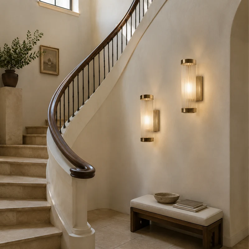 Textured stairway with soft wall lighting