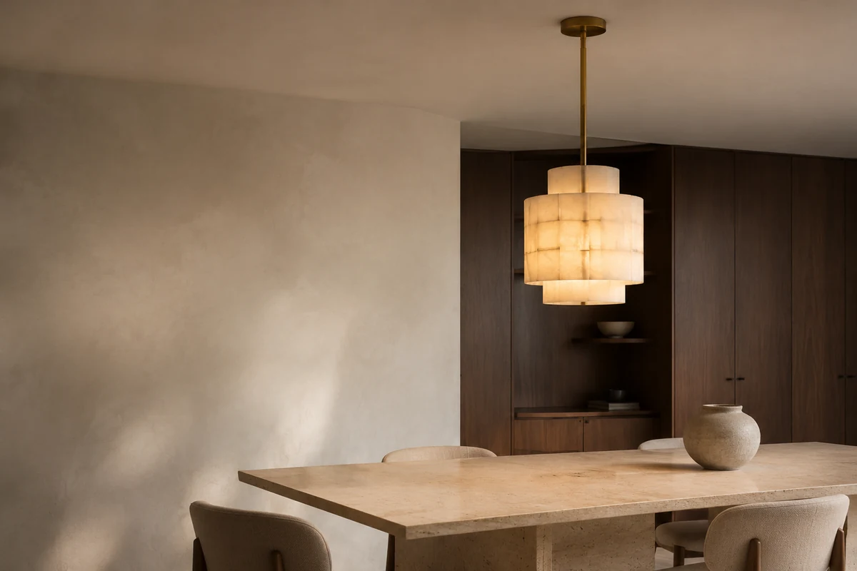 Luminous alabaster pendant above a travertine dining table