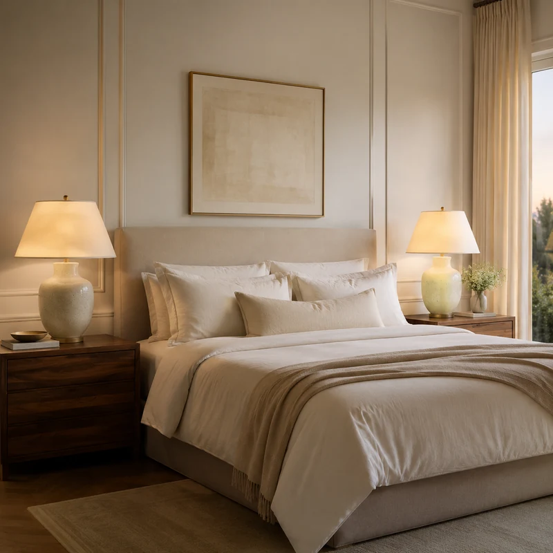 Calm bedroom with warm bedside lighting
