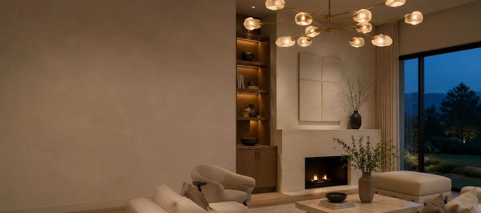 Warm modern living room at dusk with layered sculptural lighting