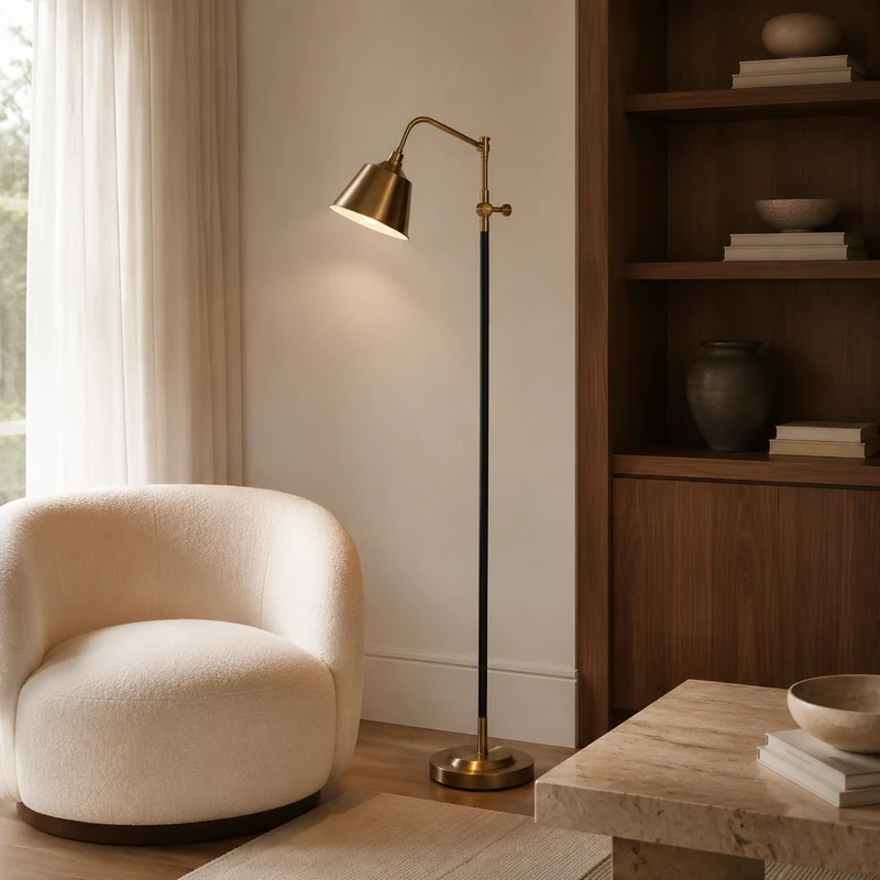 Quiet reading corner with a sculptural floor lamp