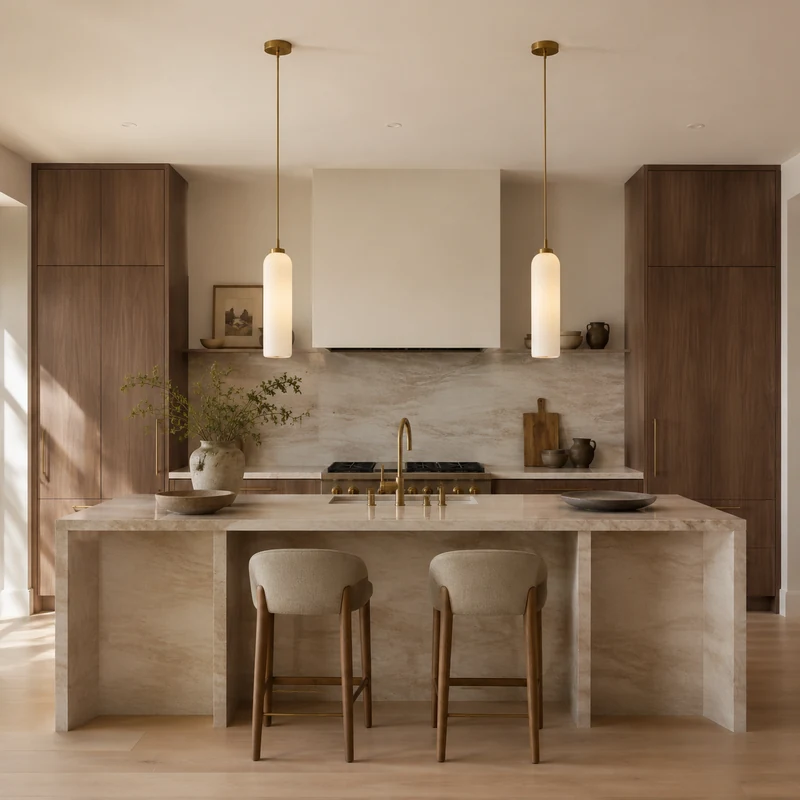 Warm kitchen with sculptural pendant lights