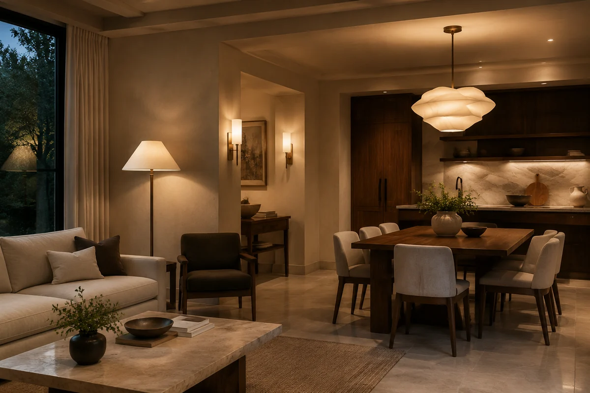 Open-plan living and dining room in layered warm light