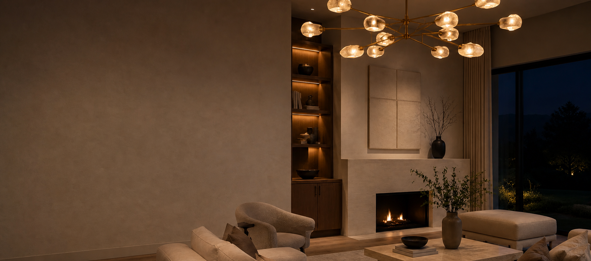 Layered sculptural lighting in a refined room after dark