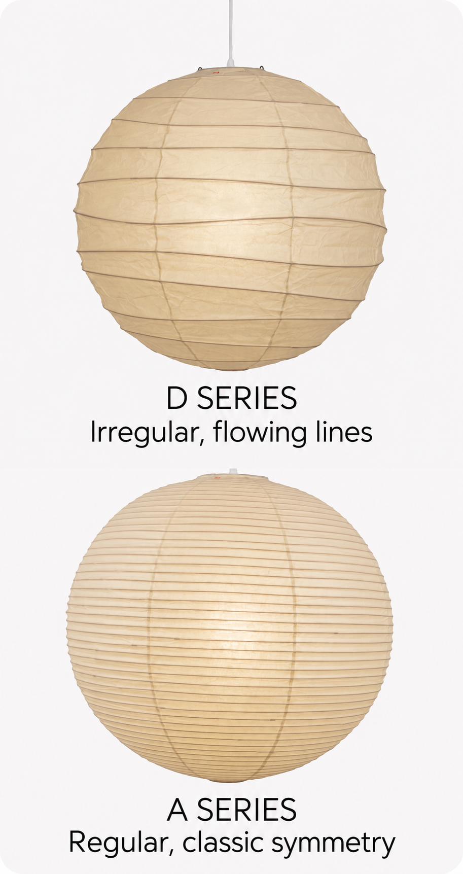 A and D paper pendant shade comparison: D above with irregular flowing ribs and creased paper; A below with regular horizontal ribs.
