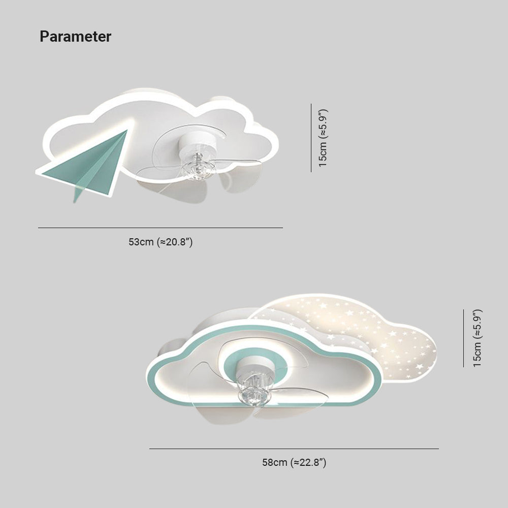 Minori Deckenventilator mit Beleuchtung Wolke & Flugzeug, 2 Farben, ∅53/58CM - Lumpaz
