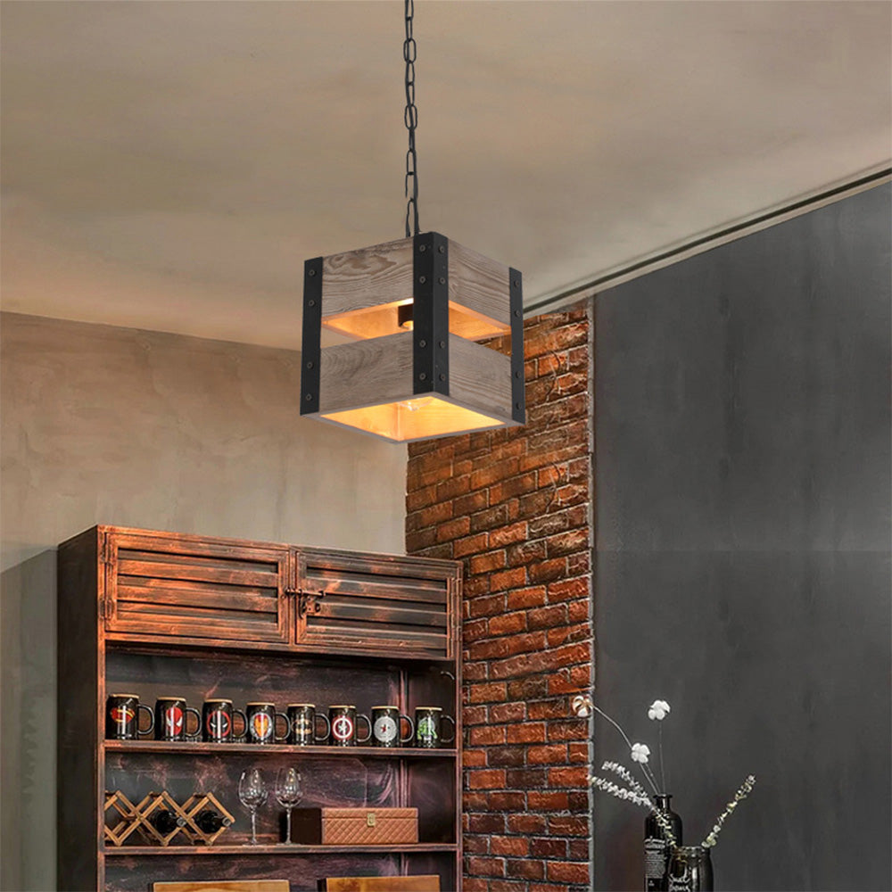 Alessio Quadratische Pendelleuchte, Metall & Holz, 4-flammig, 2 Stile - Lumpaz